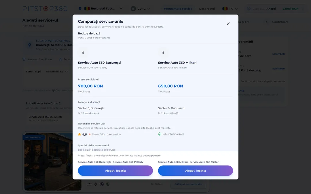 Două service-uri comparate față în față: preț, recenzii, specializare, distanță, program, facilități și limbi