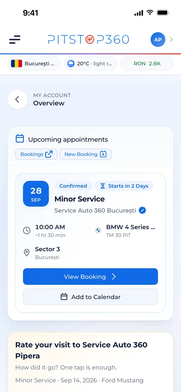 A car page with specs, wheels and tyres, service history, and registration and insurance dates