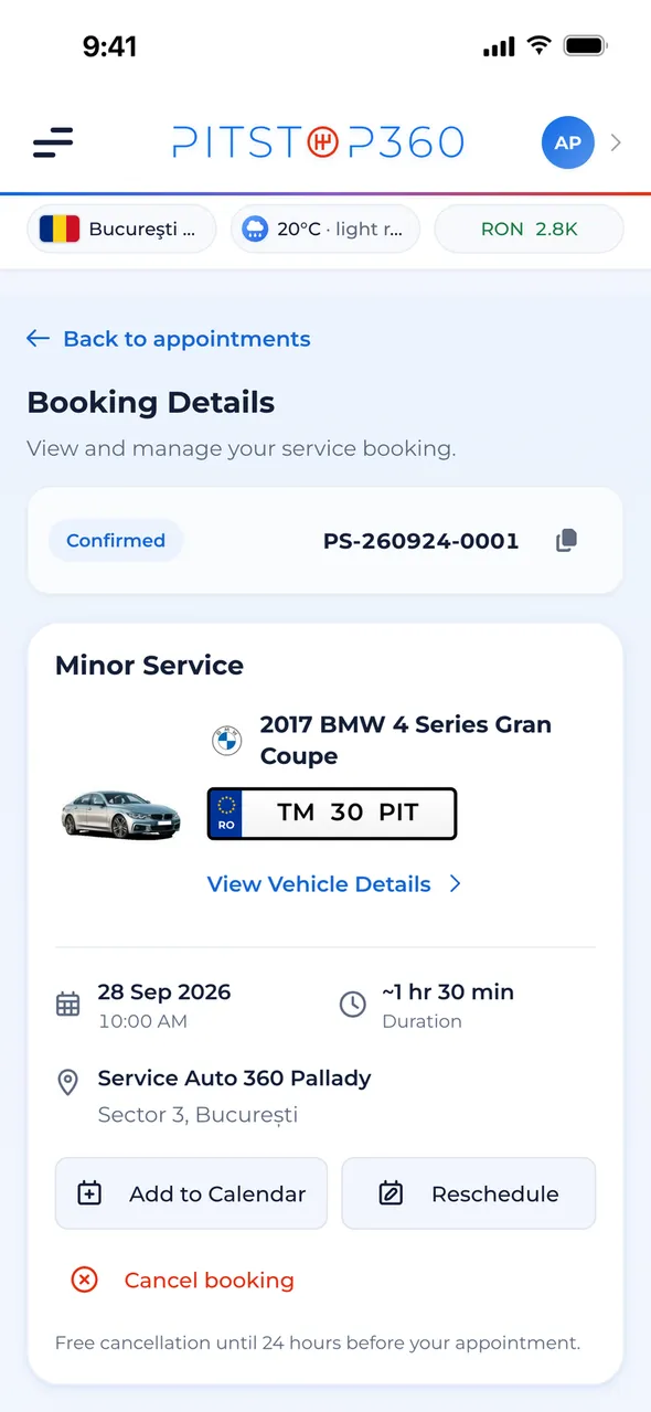 A booking being followed: status timeline and the job card with tasks done