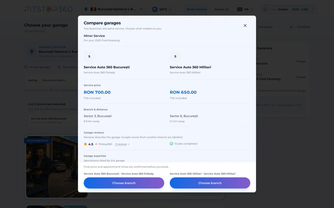 Two garages compared side by side on price, reviews, expertise, distance, hours, facilities and languages