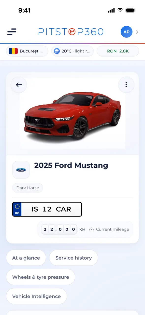 A car page with specs, wheels and tyres, service history, and registration and insurance dates