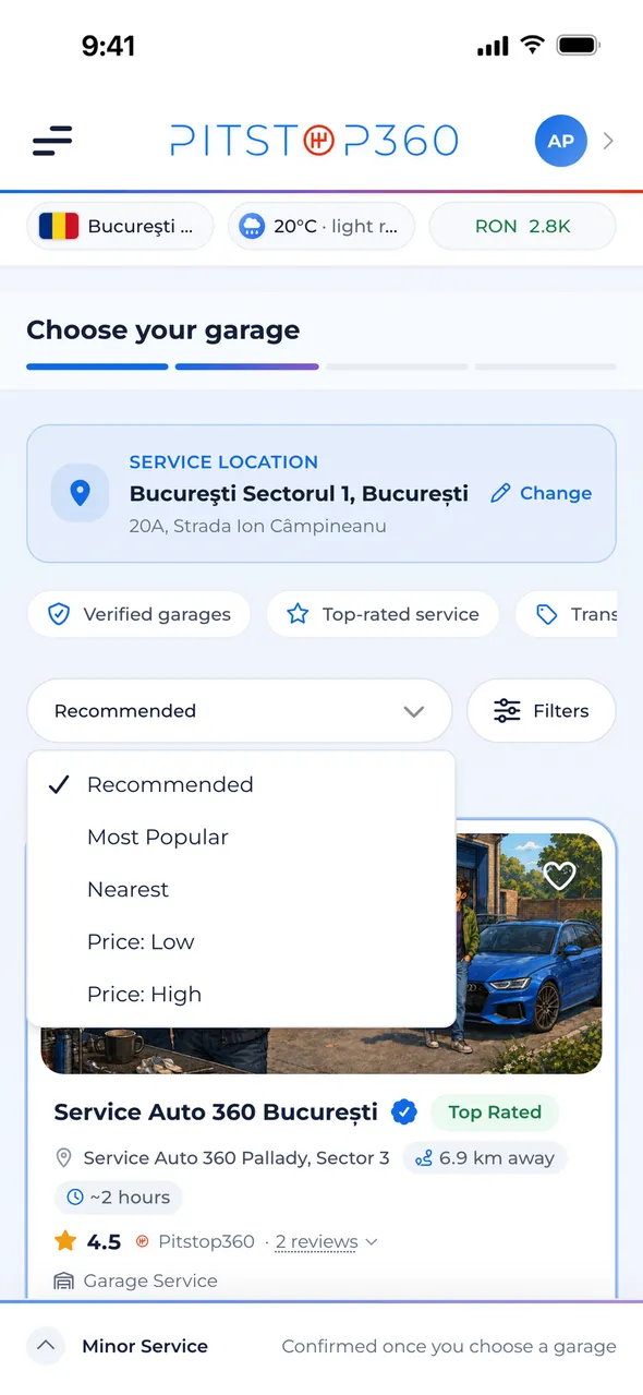 A list of garages with prices, ratings, distance and sorting