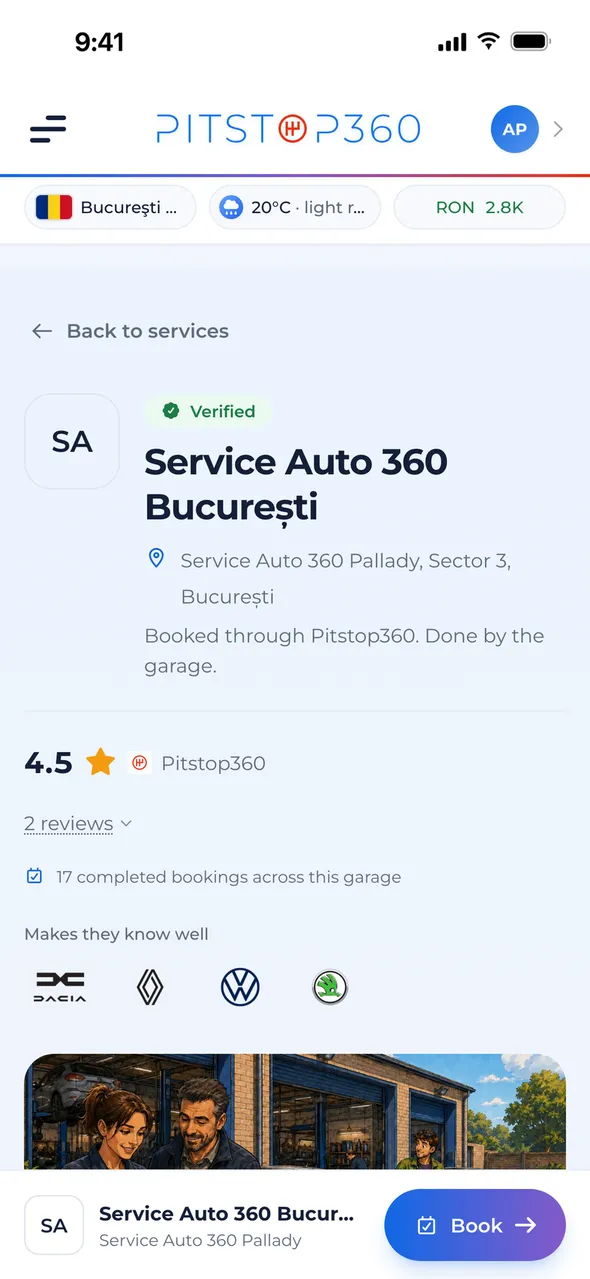 A garage profile with the Verified badge, photos, expertise, languages, hours and reviews