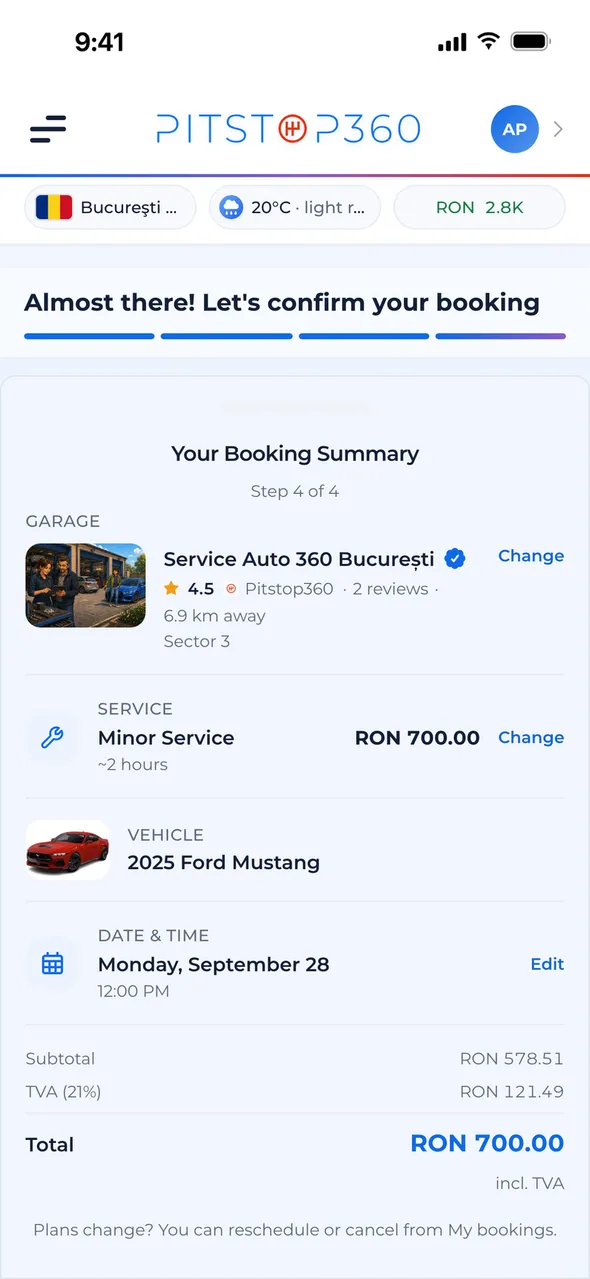 The booking summary with the price, tax, the service fee, and a slot held while you pay