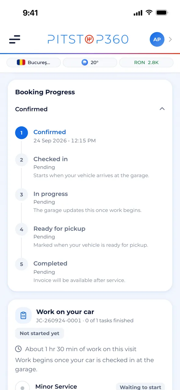 A booking being followed: status timeline and the job card with tasks done