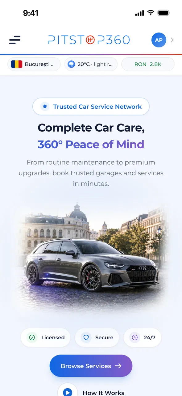 The Pitstop360 home screen with a car and the services entry