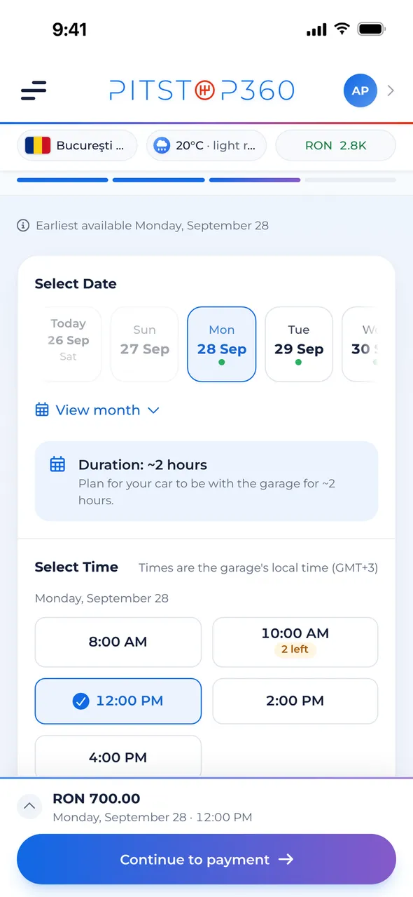 Picking a day and a time slot from the garage’s real availability