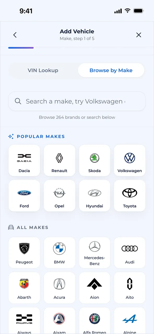 Choosing a car by make, model, year and trim, or by scanning the VIN