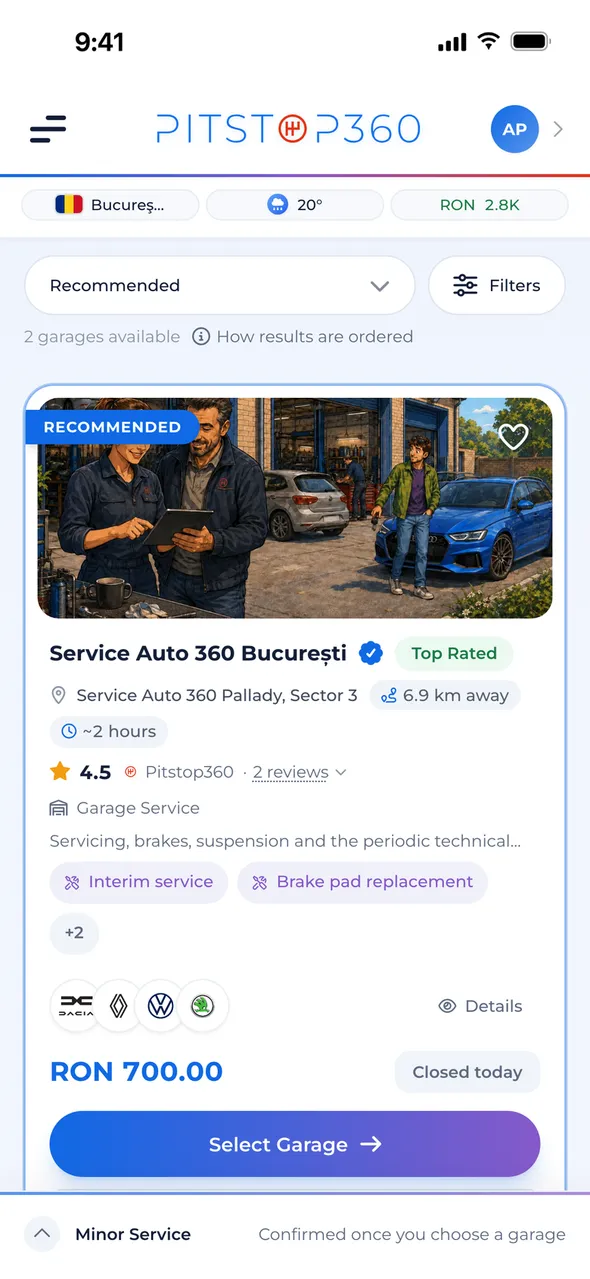 A list of garages with prices, ratings, distance and sorting
