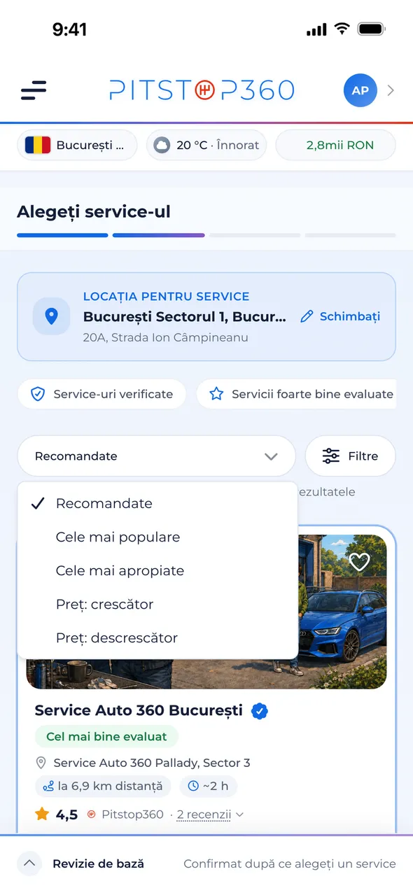 O listă de service-uri cu prețuri, recenzii, distanță și sortare