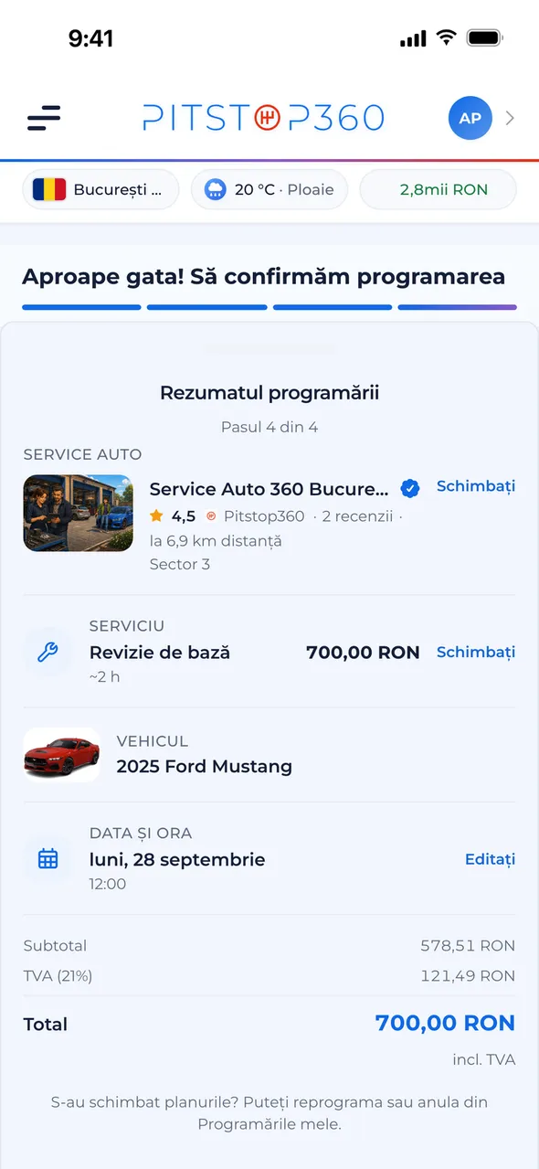 Sumarul programării cu prețul, taxele, taxa de serviciu Pitstop360 și locul rezervat cât timp plătești