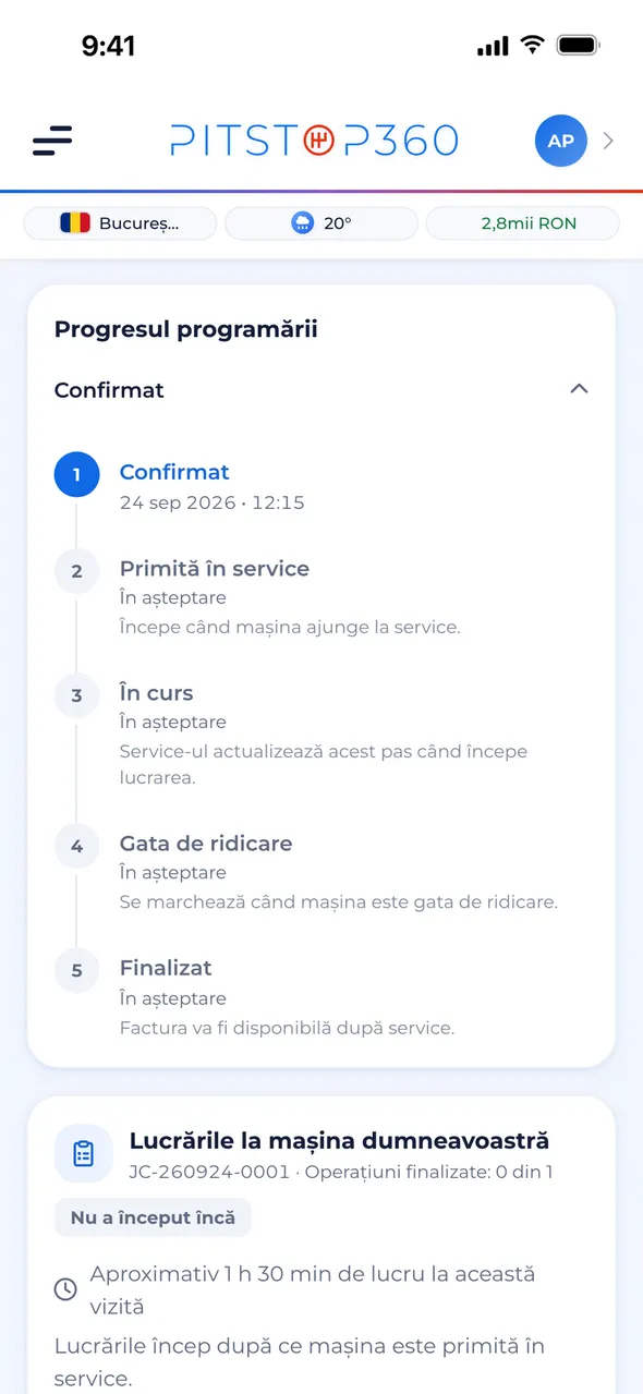 O programare urmărită: cronologia stării și fișa de lucru cu sarcinile finalizate