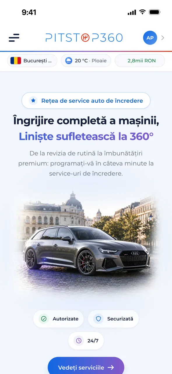 Ecranul principal Pitstop360, cu o mașină și intrarea către servicii