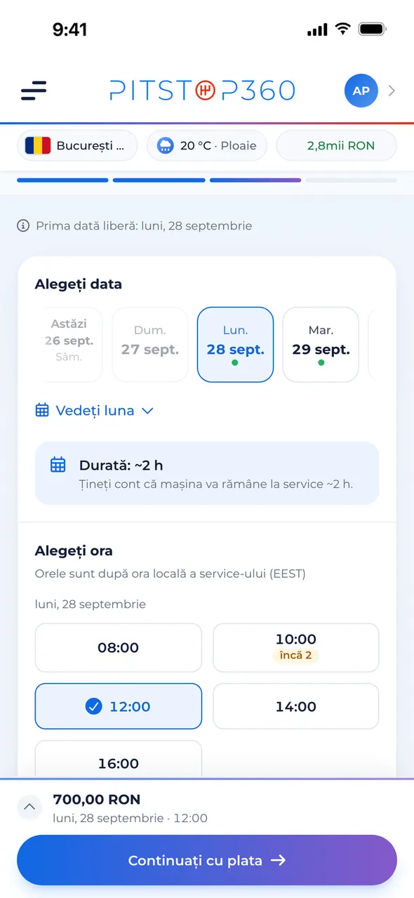 Alegerea zilei și a orei din disponibilitatea reală a service-ului