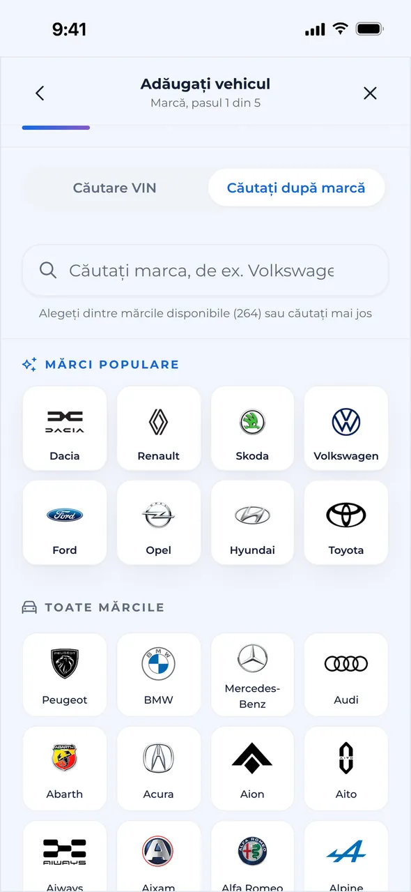 Alegerea mașinii după marcă, model, an și versiune, sau prin scanarea seriei VIN