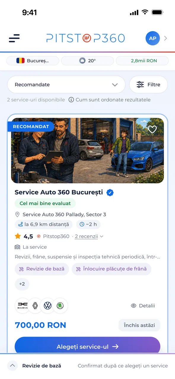 O listă de service-uri cu prețuri, recenzii, distanță și sortare