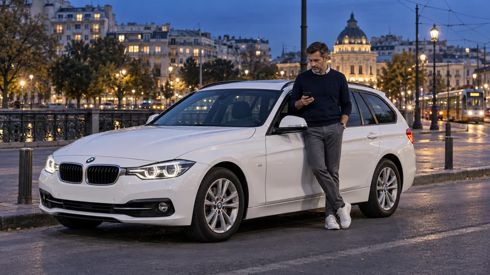 Un BMW Touring și proprietarul său folosind telefonul, pe o stradă inspirată de București.
