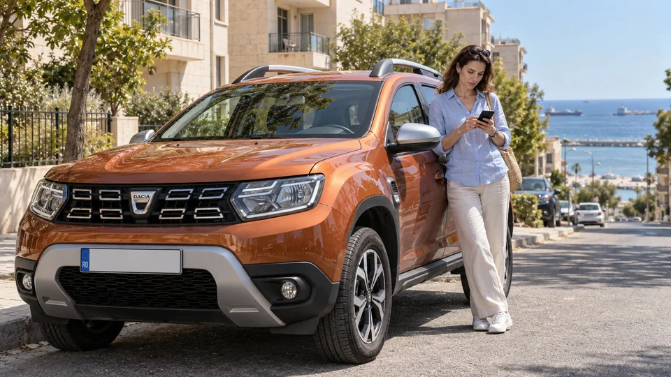 O proprietară lângă un Dacia Duster portocaliu, pe o stradă însorită inspirată de Constanța.