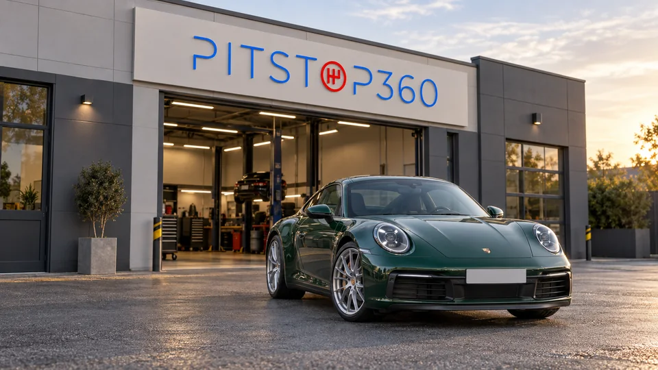 Un Porsche 911 verde, parcat în fața unui service Pitstop360, la apus