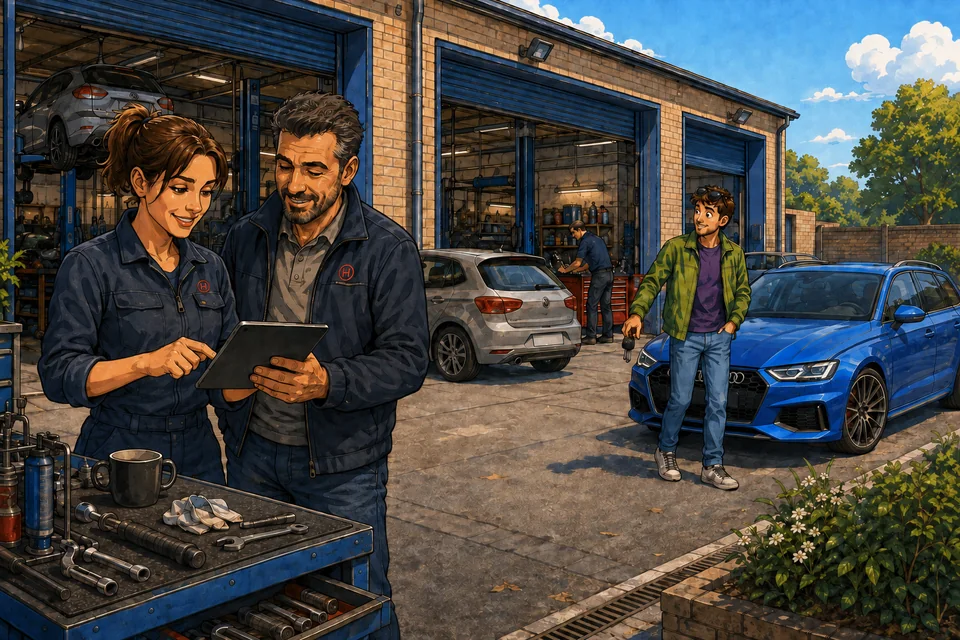 Ilustrație cu echipa unui service care se uită pe o tabletă, în timp ce un client sosește cu un Audi albastru