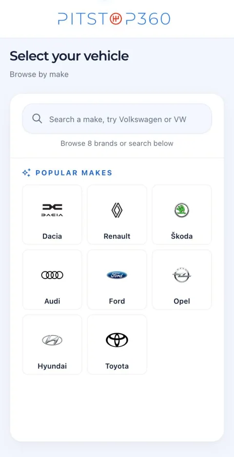 Pitstop360 vehicle selection with fictional demonstration data