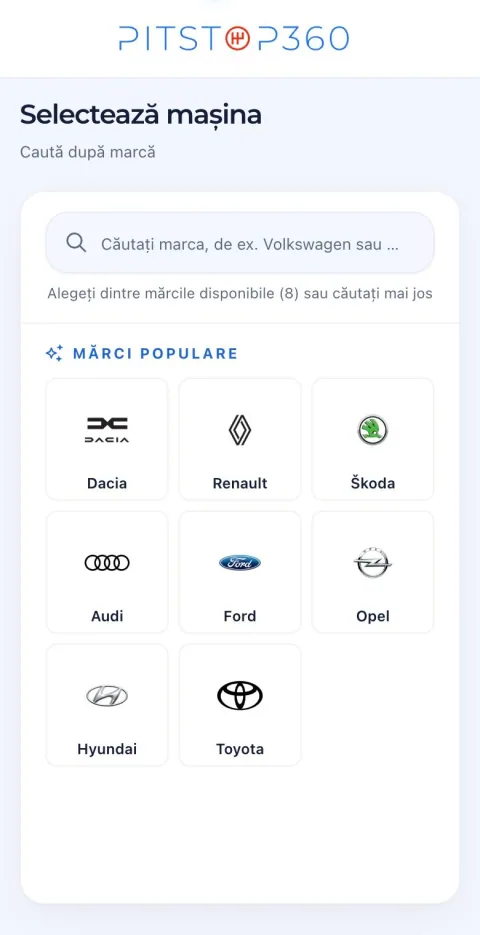 Alegerea mașinii în Pitstop360, cu date demonstrative fictive