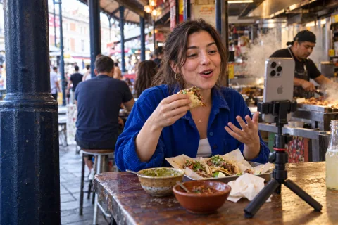 Food creator filming and tasting food at a market, illustrative campaign image