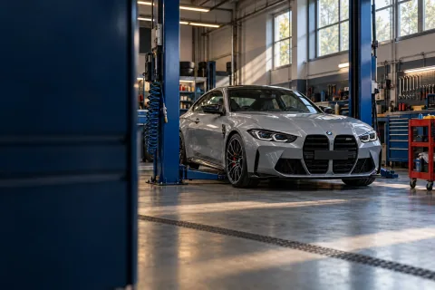 BMW M4 într-un atelier auto iluminat