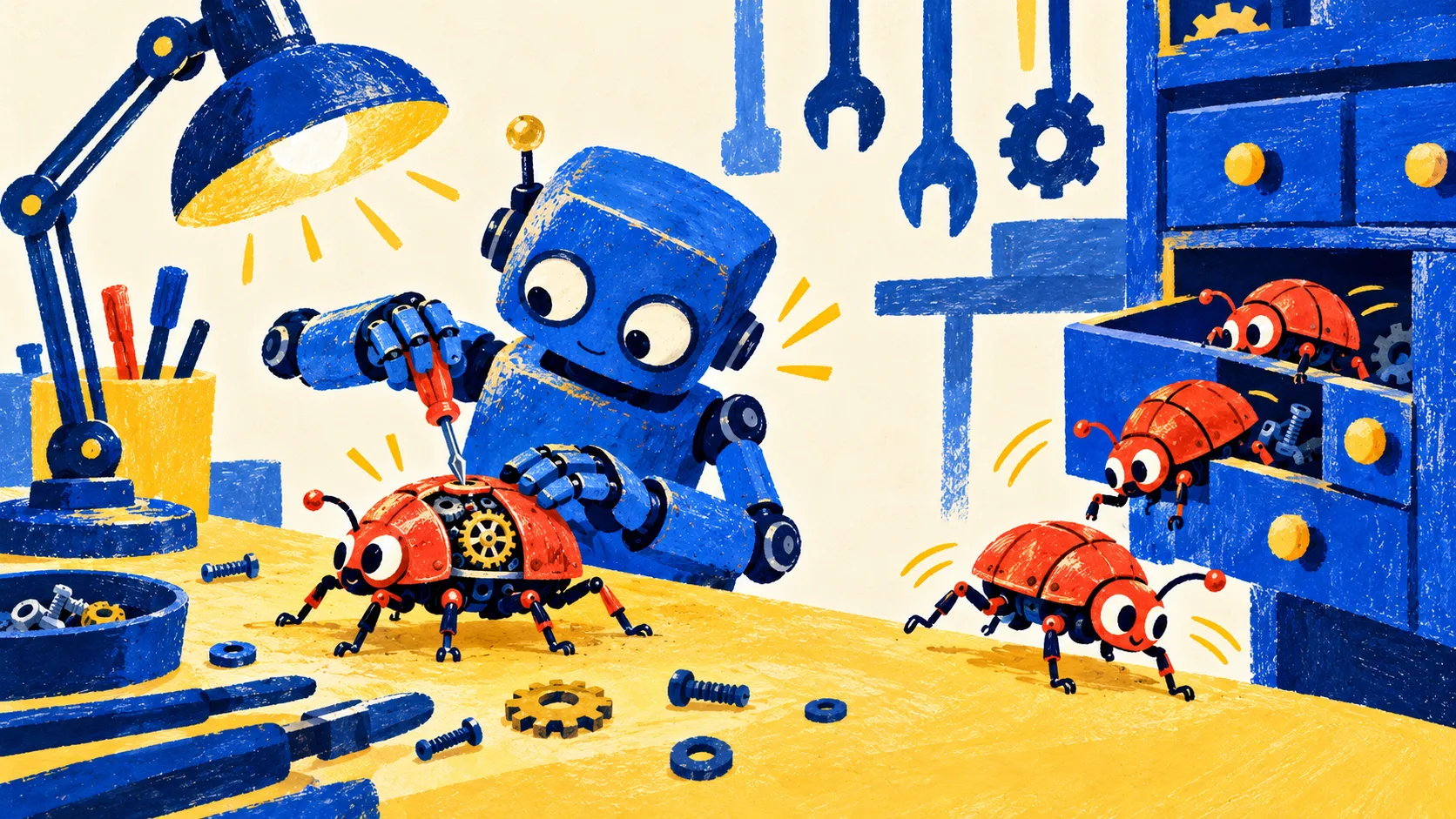 A blue robot repairs a mechanical beetle while more beetles escape from its parts drawer.