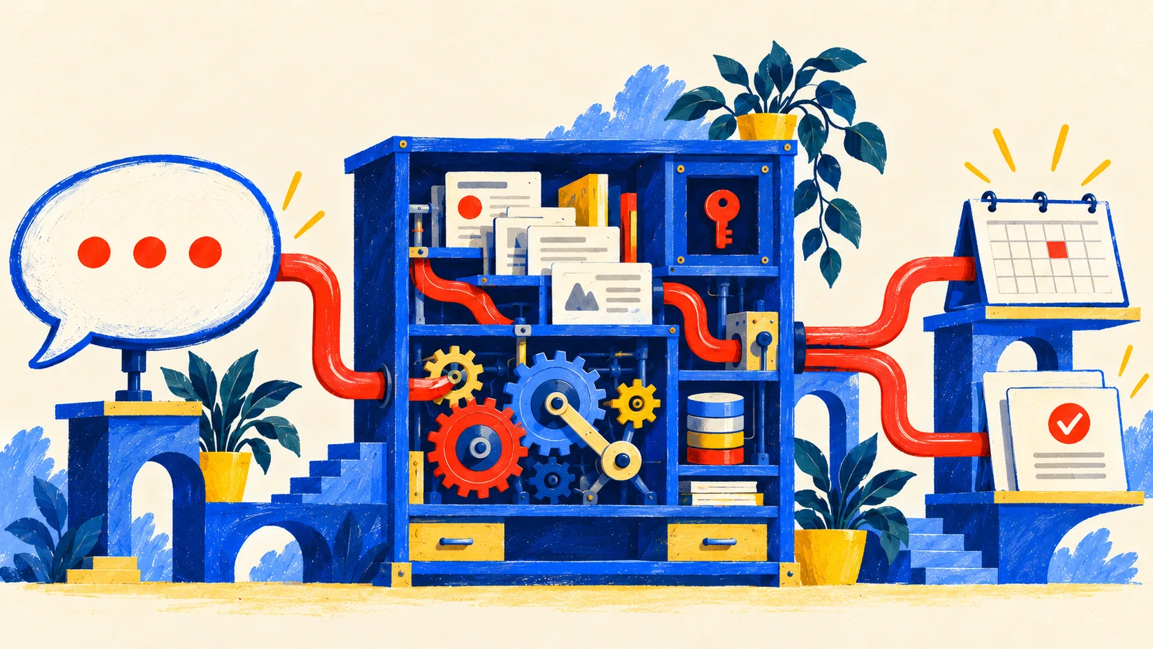 Ilustrație editorială: o conversație trece printr-un sistem construit la comandă și ajunge la programări și sarcini rezolvate.