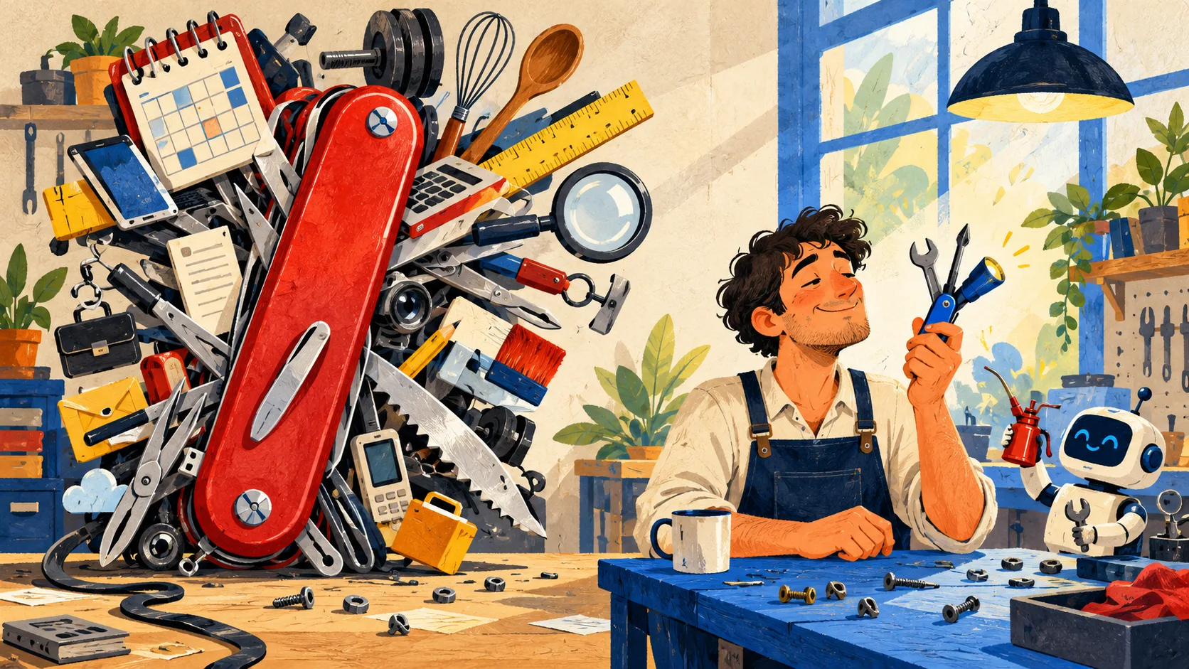 A builder holds a small blue tool beside a huge red multitool, while a robot offers maintenance tools.
