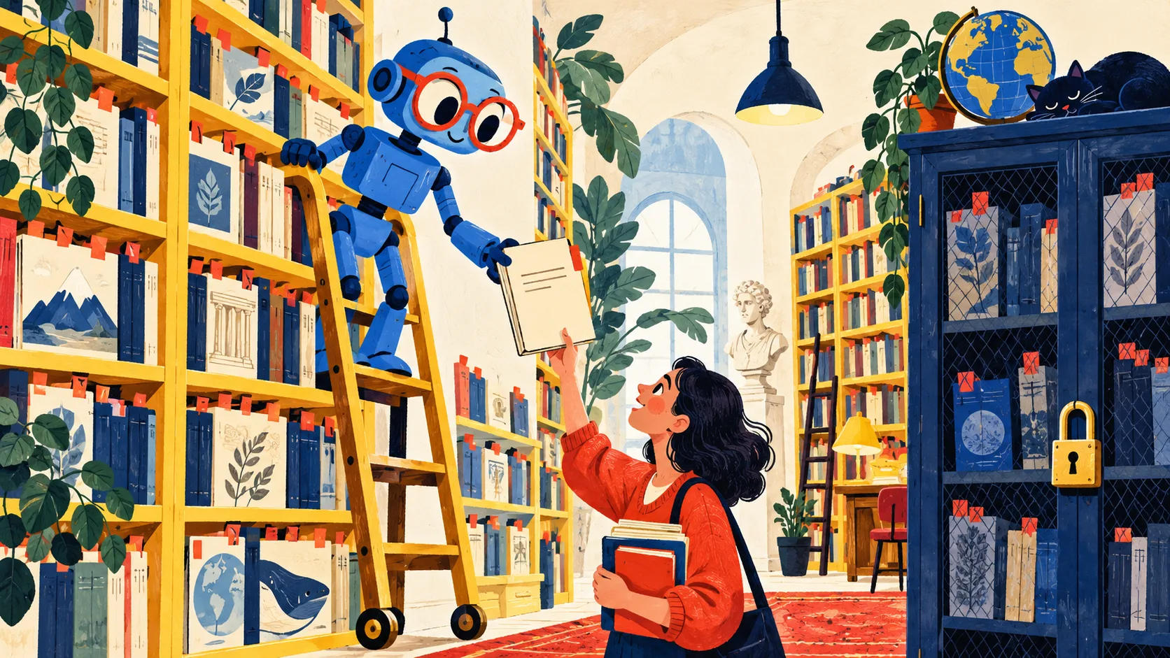 A blue robot librarian hands a source document to a reader while a separate cabinet stays locked.
