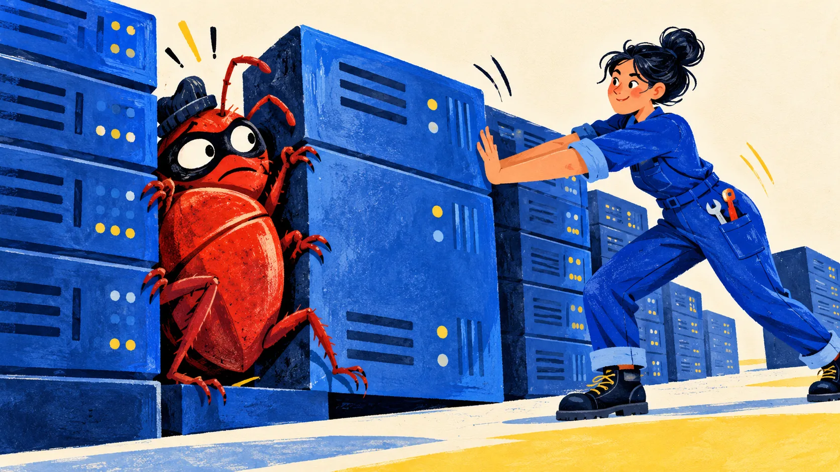 An engineer closes a gap between blue servers while a surprised red bug tries to sneak through.